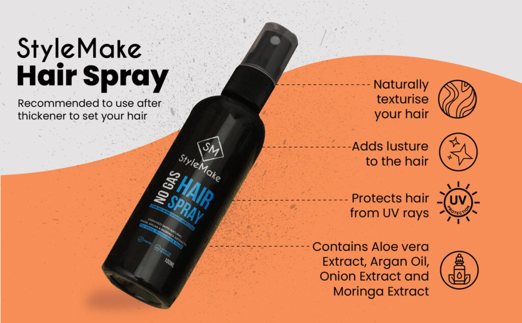 StyleMake Hair Lock Spray in India Hair Building Fiber Fibers in India, Best Quality Hair Building Fiber than Caboki, Toppik, Boldify, Thick Hair and super fast delivery.